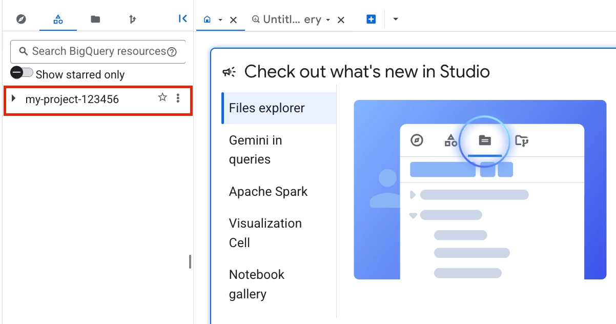 Google Cloud Console project selector showing the selected project and project ID for BigQuery setup