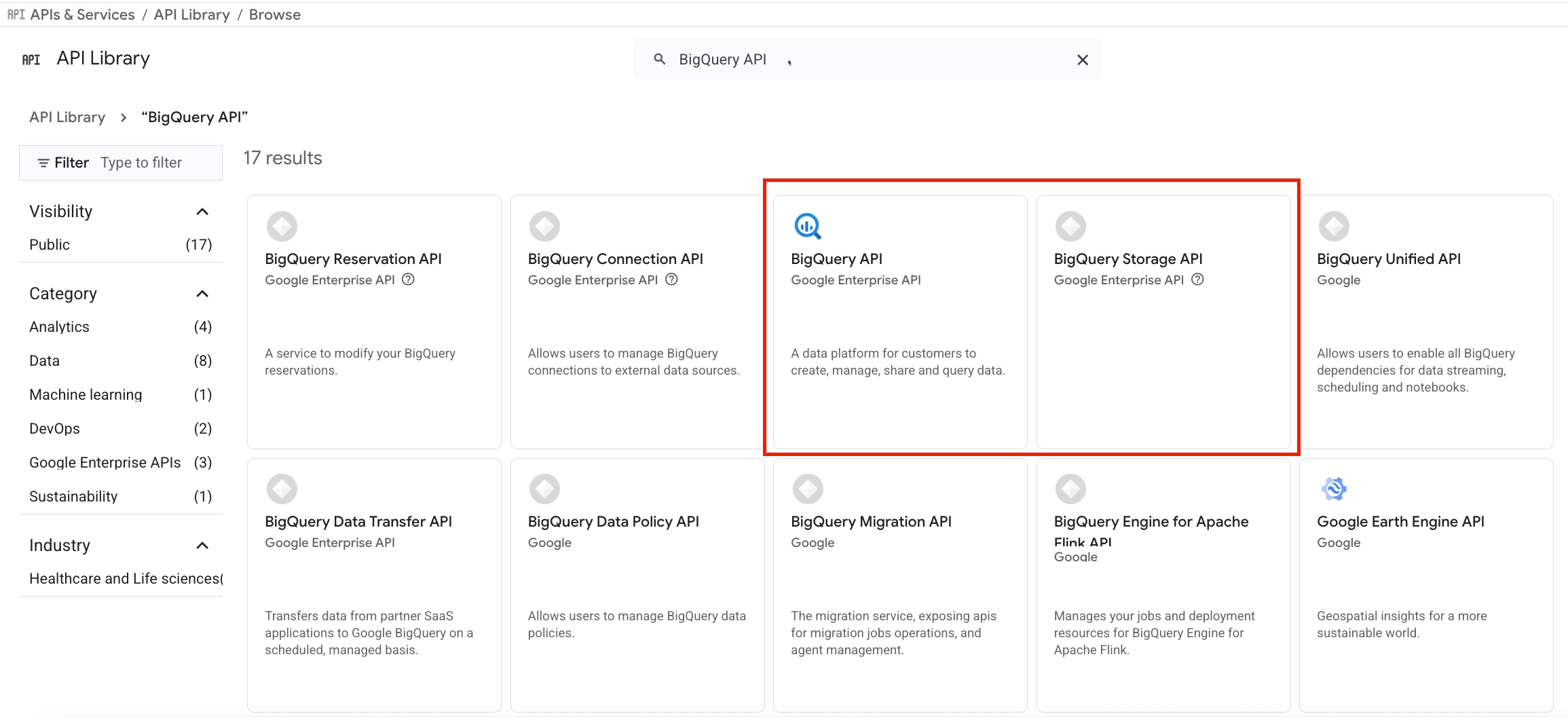 Google Cloud APIs Library showing BigQuery API and BigQuery Storage API enabled for the project