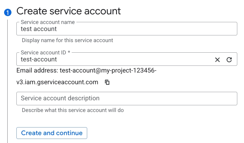 Google Cloud Create service account screen with service account name and generated service account ID