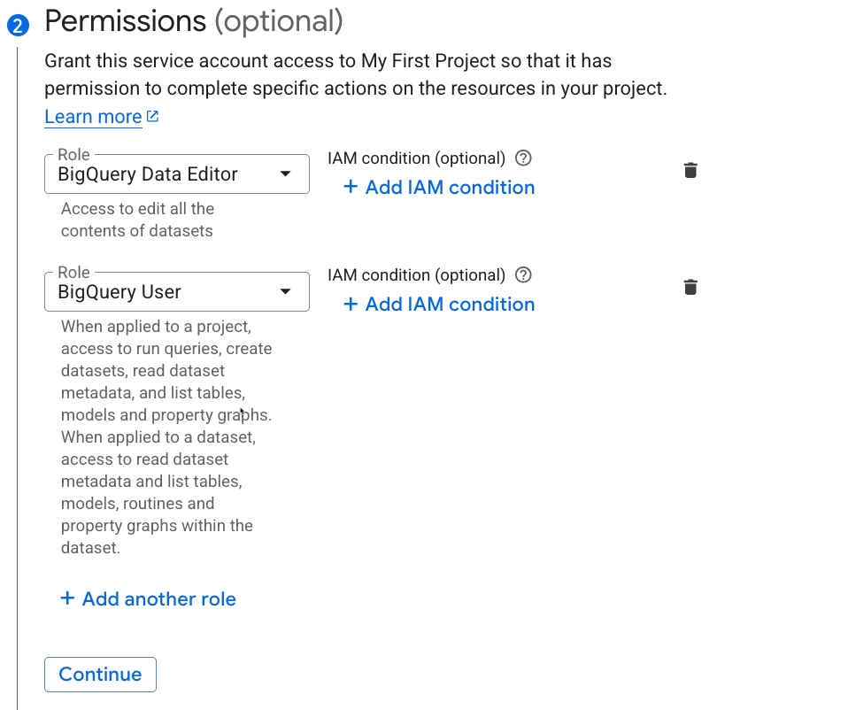 Google Cloud IAM role selection screen showing BigQuery Data Editor and BigQuery User roles