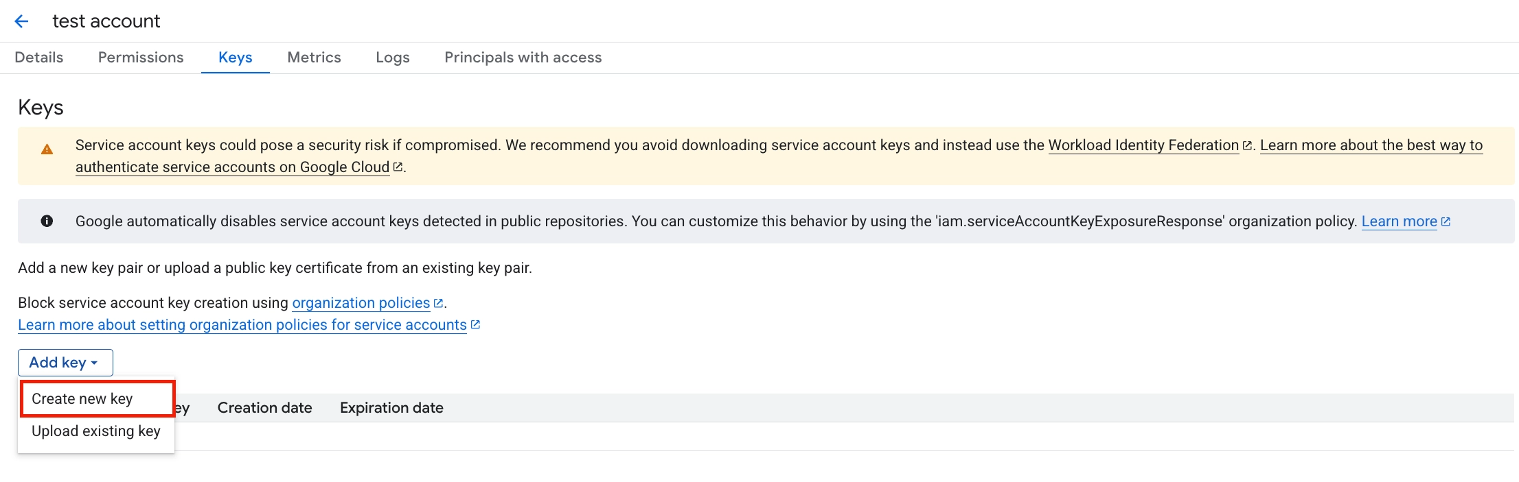Google Cloud Service Account Keys tab with Add key and Create new key menu options