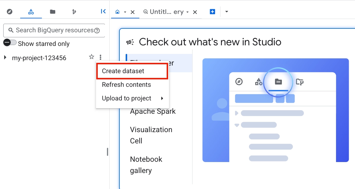 BigQuery page in Google Cloud Console with Create dataset action for choosing a dataset location