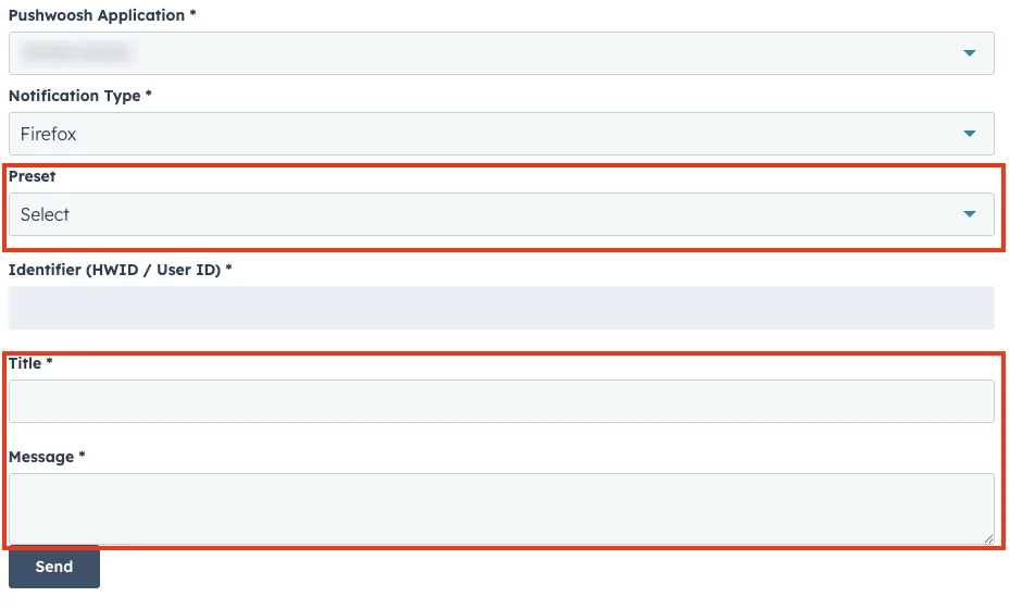 Dados da notificação com campos de título e mensagem