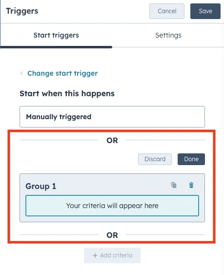Painel de seleção de gatilho de fluxo de trabalho