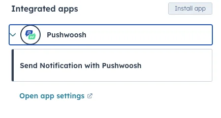 Aplicativo Pushwoosh na ação de fluxos de trabalho do HubSpot