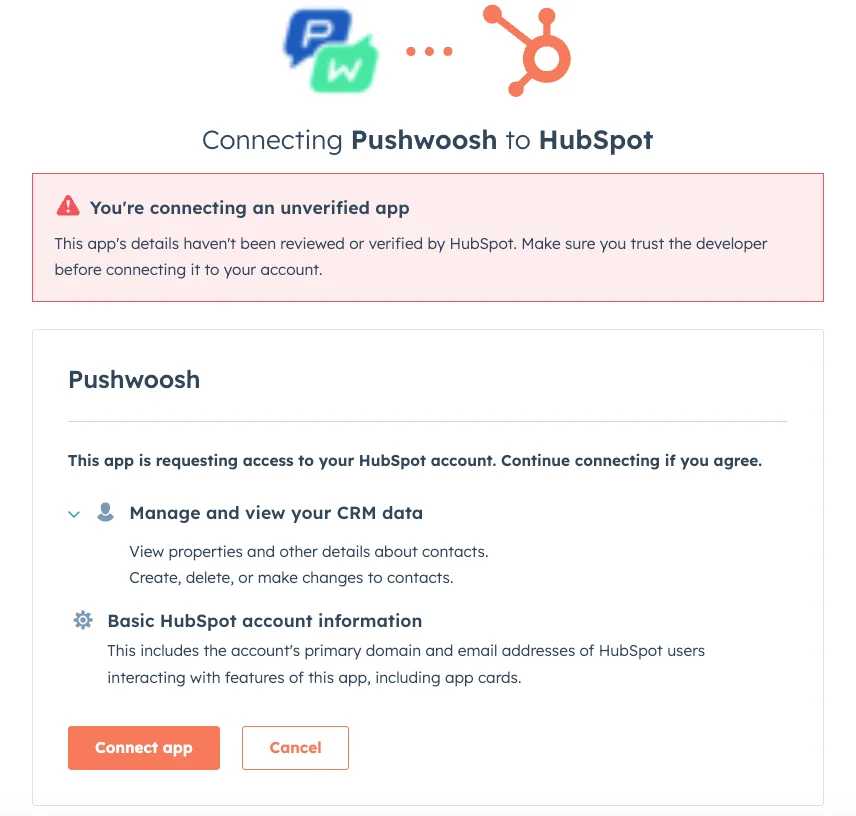 Acesso necessário na integração com o HubSpot