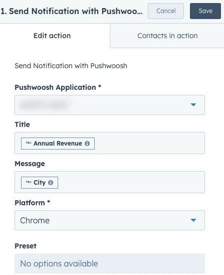 Configurações da ação de notificação no HubSpot
