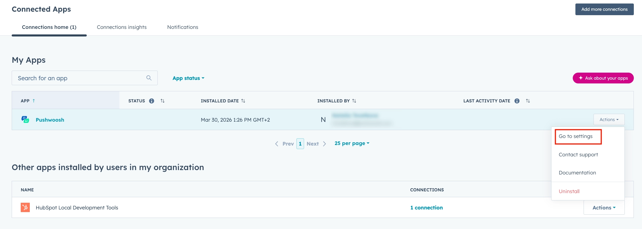 Строка Pushwoosh в My Apps с открытым меню Actions и видимой опцией Go to settings