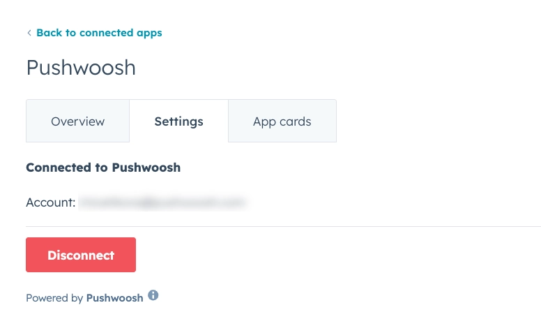 Вкладка Settings интеграции Pushwoosh с HubSpot с надписями Connected to Pushwoosh, аккаунтом и Disconnect