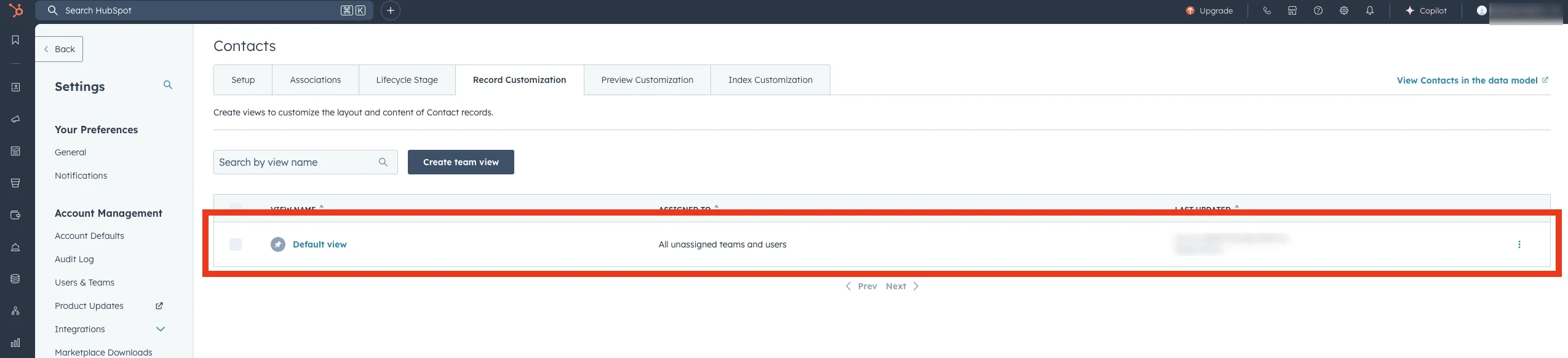Lista de visualizações nos contatos do HubSpot
