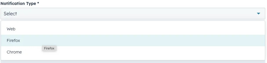 Menu suspenso de tipos de notificação (plataformas)