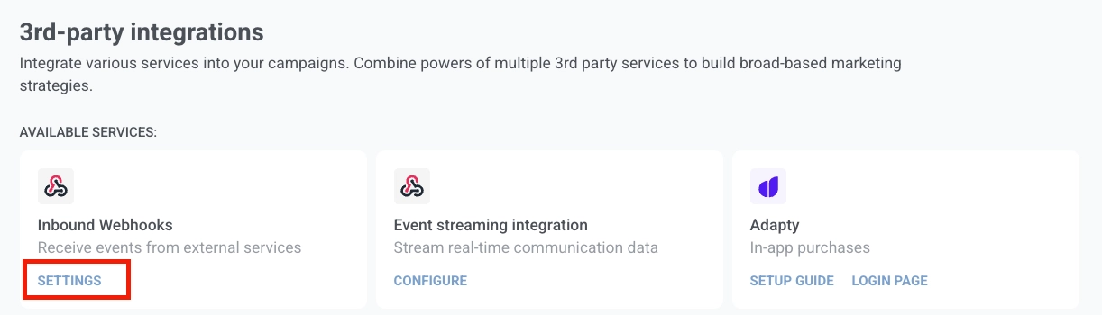 Integrations page with Inbound webhooks card and Settings button to open webhook configuration