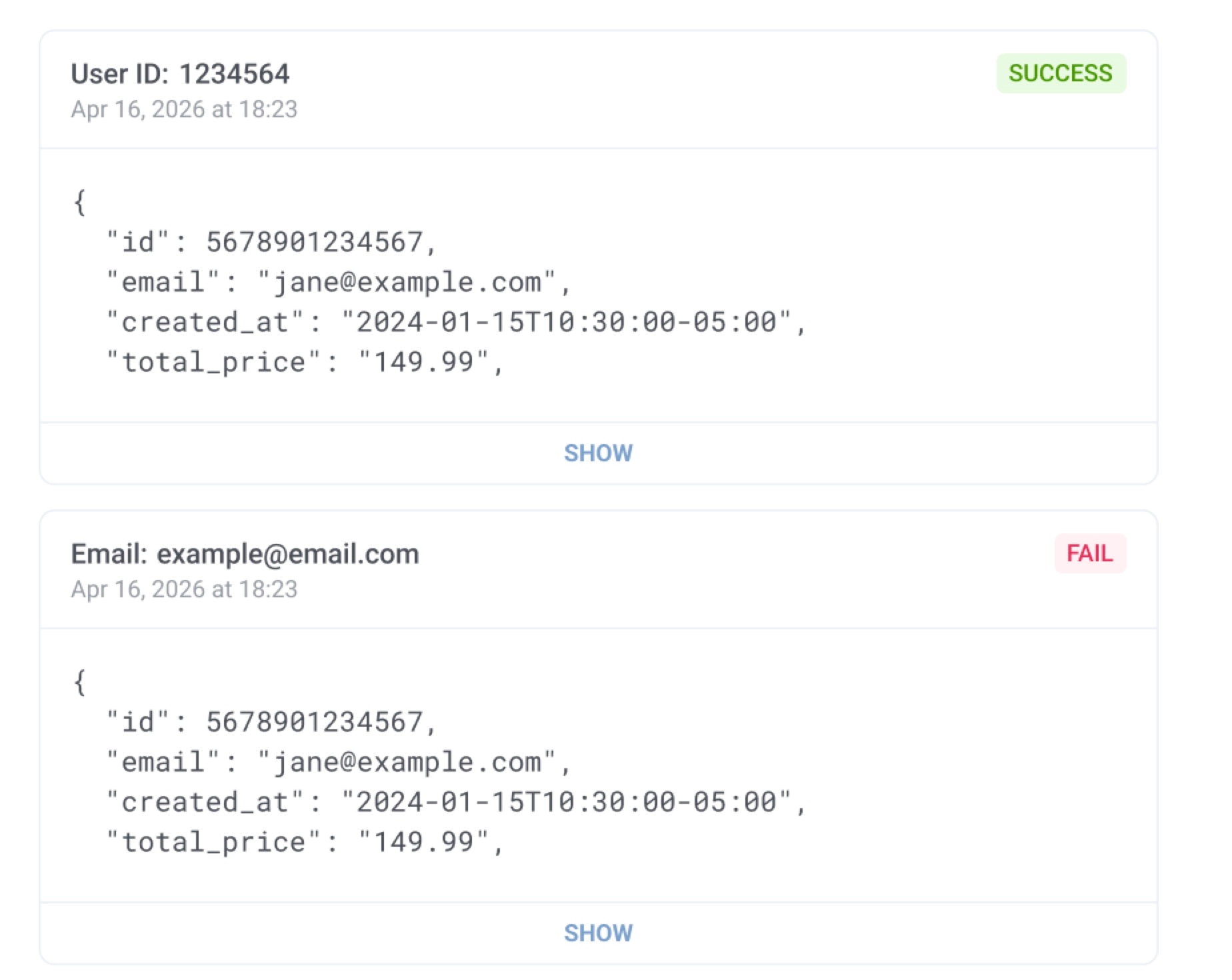 Activity log request entry with user identifier, Success or Failed badge, timestamp, JSON payload, and Show button
