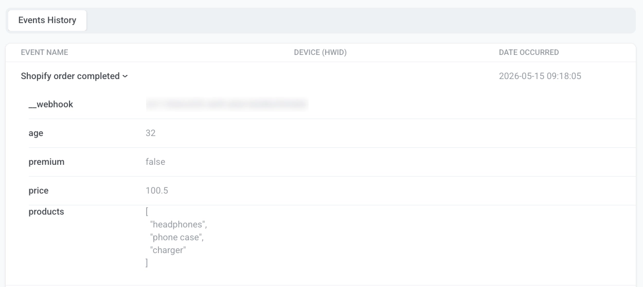 User Explorer Events history tab showing inbound webhook event with expanded attributes including __webhook ID and mapped payload fields