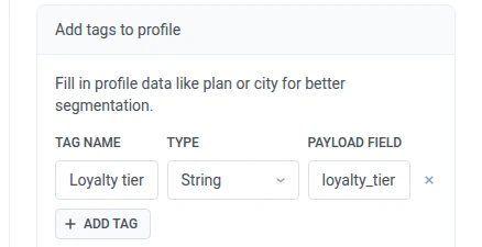 قسم إضافة Tags إلى الملف الشخصي مع صف اسم الـ Tag والنوع وحقل الحمولة الذي يربط loyalty_tier بـ tag من نوع سلسلة Loyalty tier