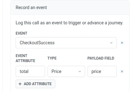 قسم تسجيل حدث مع تحديد حدث CheckoutSuccess وصف سمة حدث يربط الإجمالي (نوع السعر) بالسعر