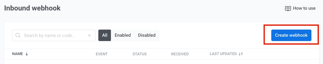 Create webhook screen with name, event, sample payload, and user identifier mapping