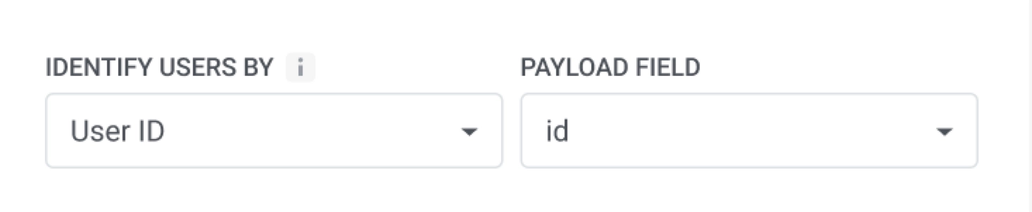 Identify users by and Payload field dropdowns with User ID and HWID tooltip on Match incoming data screen
