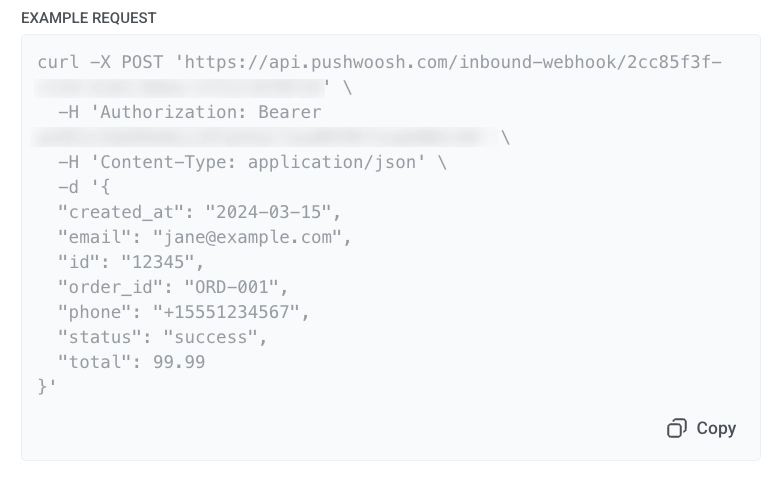 Webhook URL window with URL, Secret, and Example request curl command for external system setup