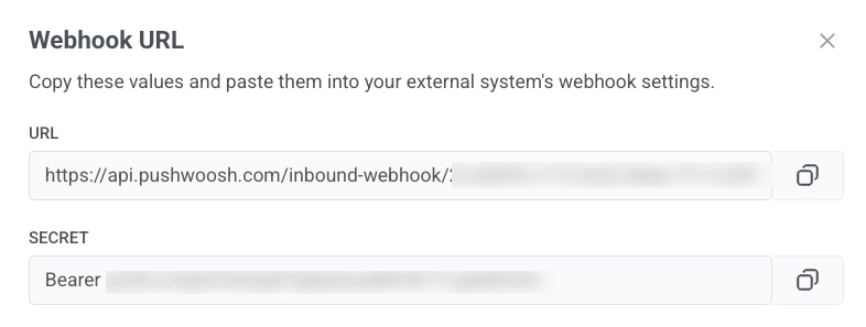 Webhook URL window showing URL and Secret fields with copy buttons for external system configuration