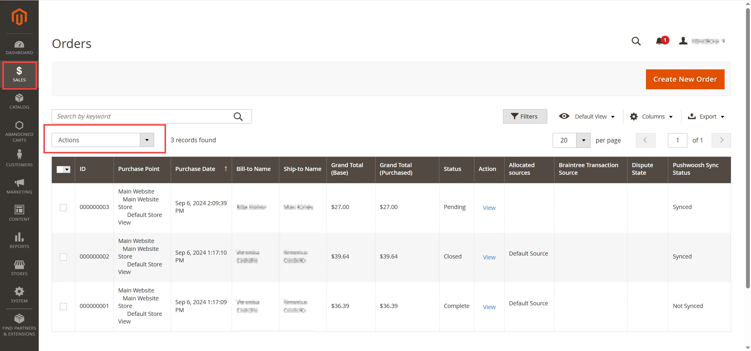 针对订单的 Sync to Pushwoosh 操作