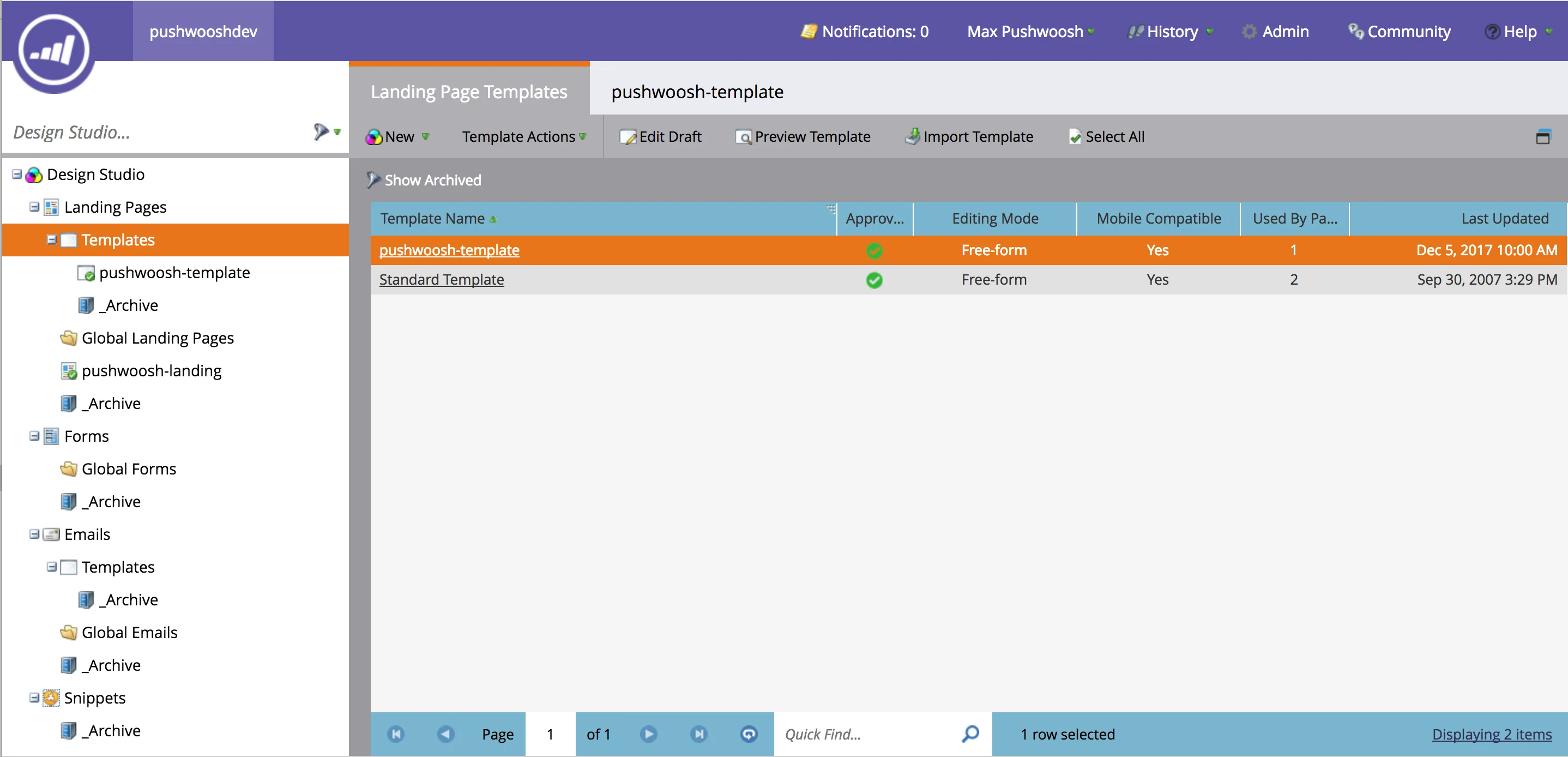 在 Marketo Templates 部分创建 pushwoosh-template
