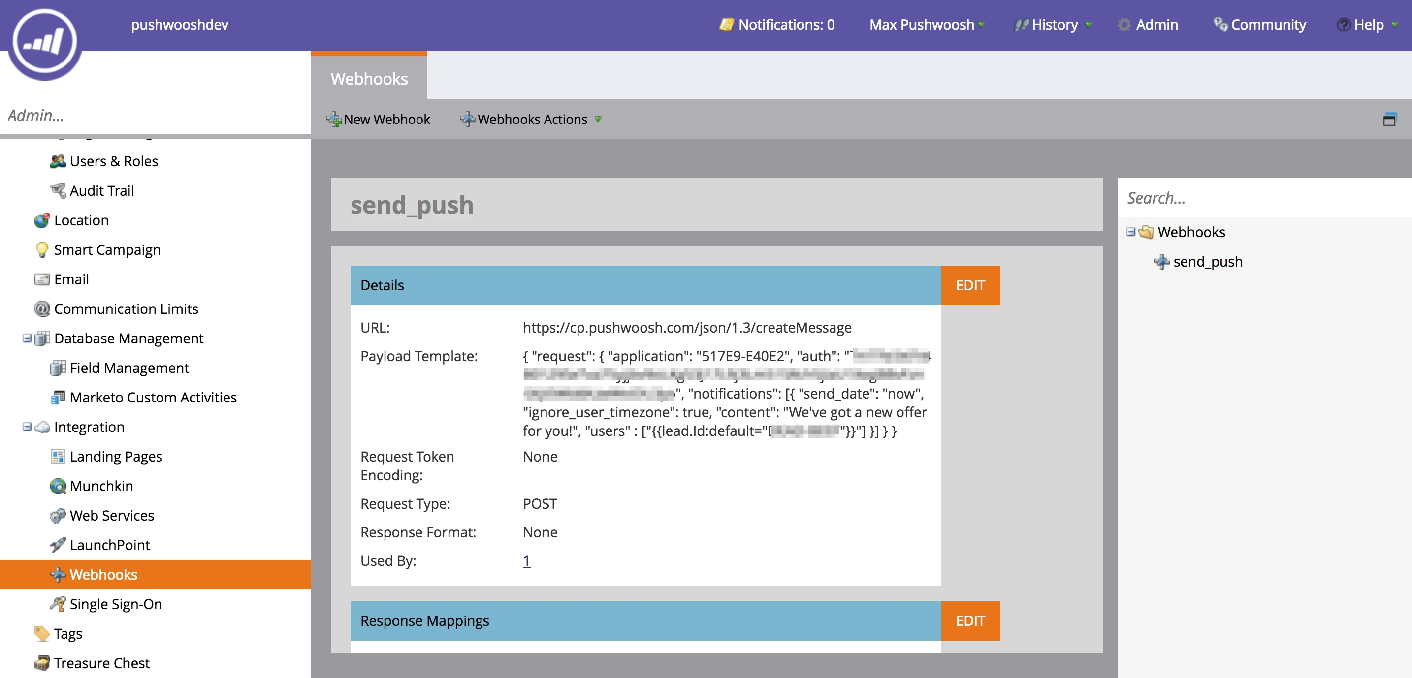 在 Marketo Admin 部分的 Webhook 配置