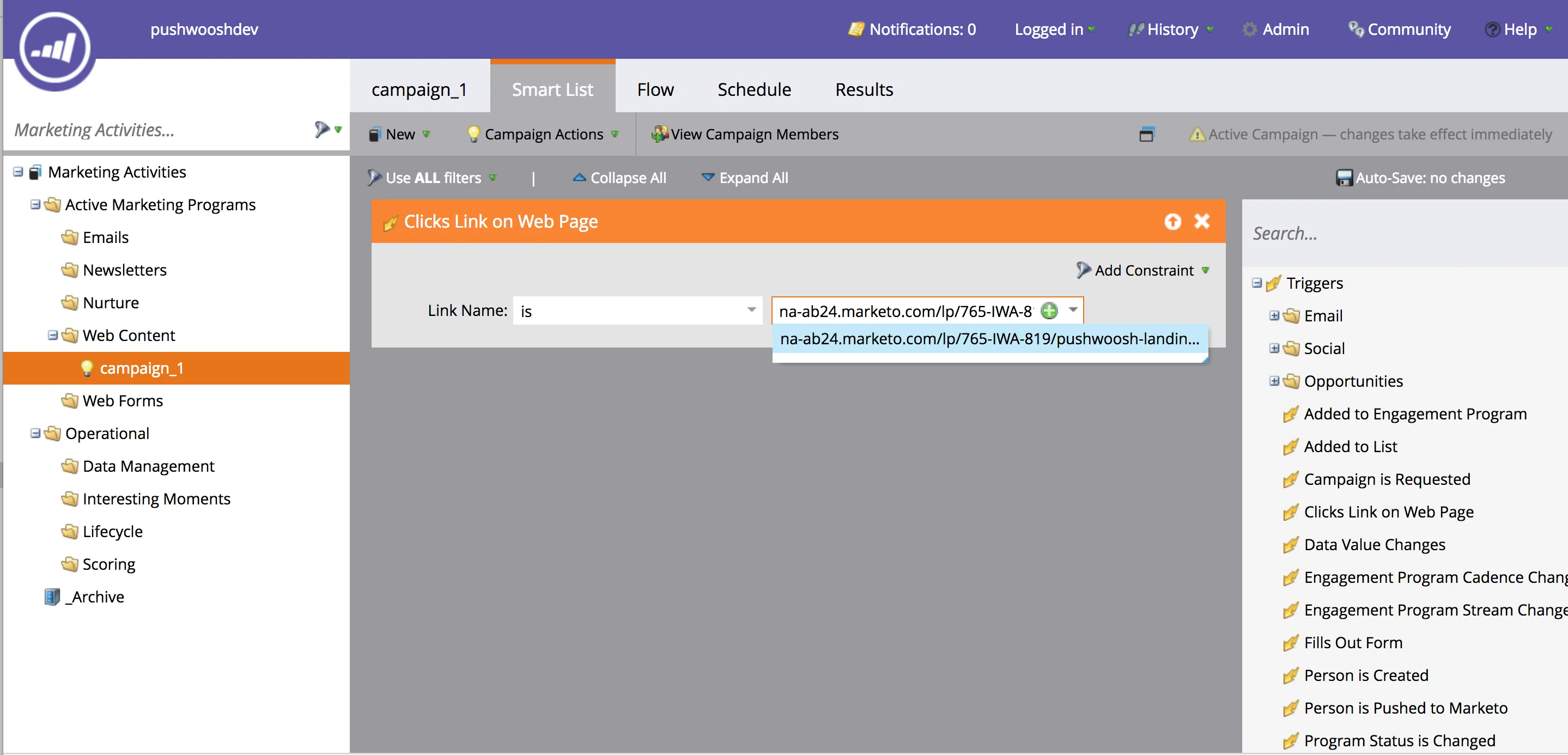 在 Marketo 营销活动中为用户点击事件配置触发器