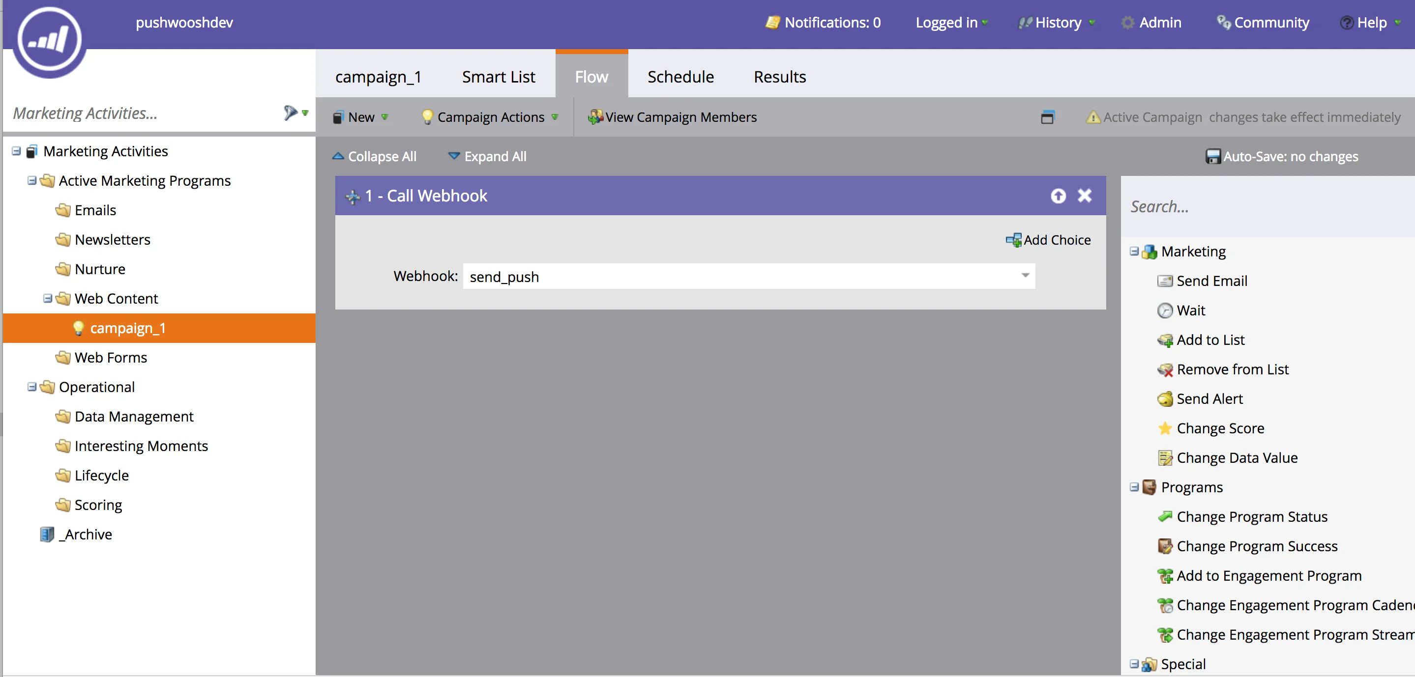 在营销活动流程部分选择 send_push Webhook