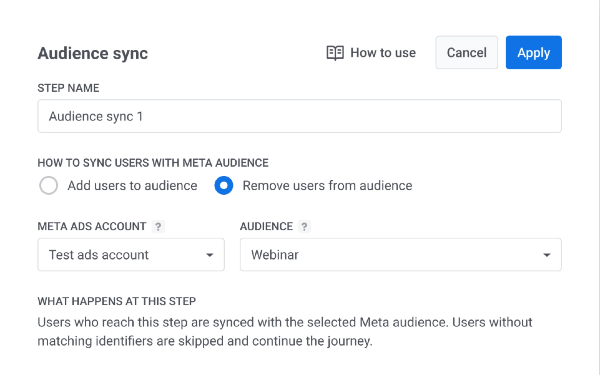 แผง Audience sync พร้อมดรอปดาวน์ Audience และ Meta Custom Audience ที่เลือก