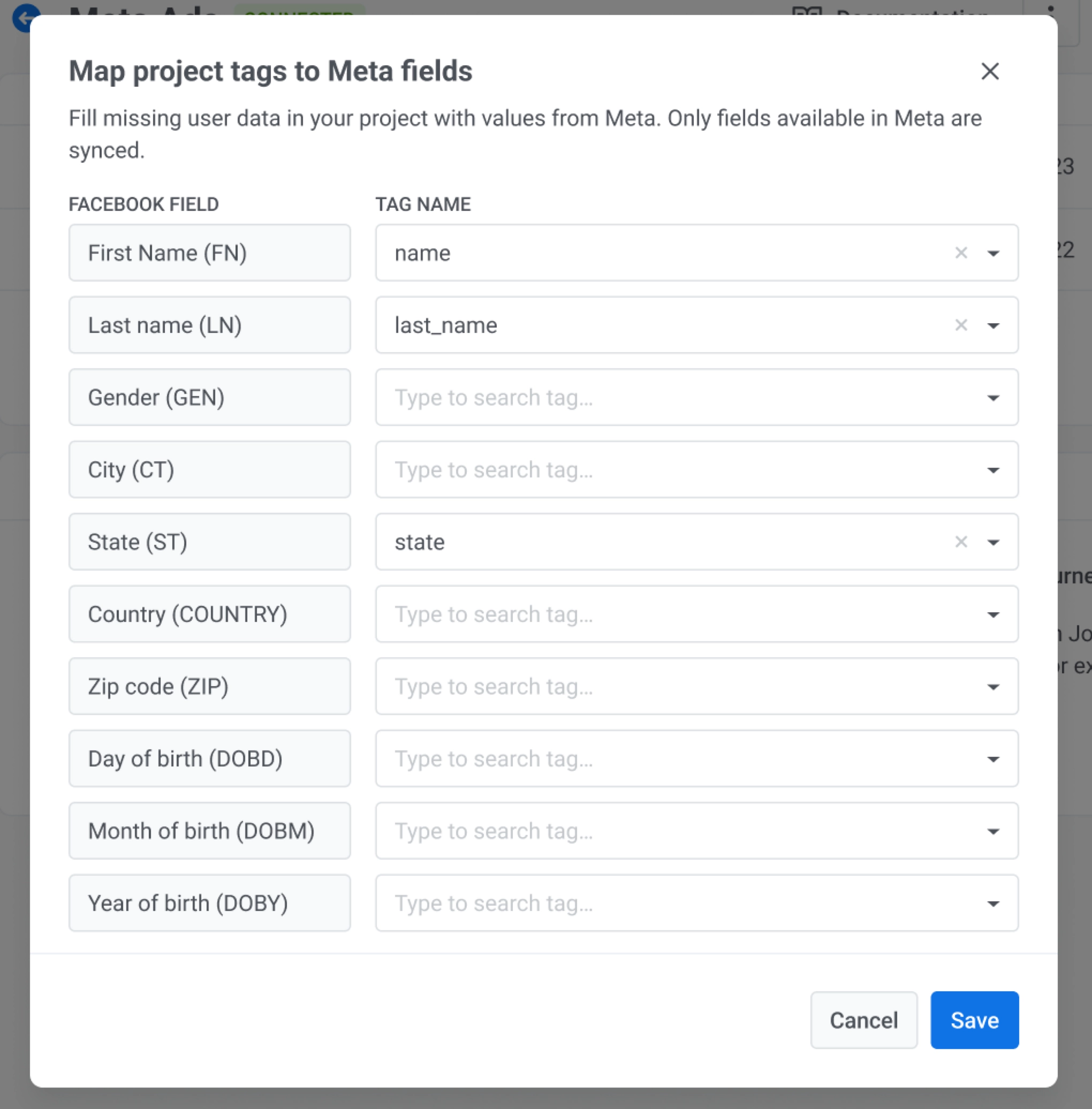 โมดอล Map project tags to Meta fields พร้อมคอลัมน์ Facebook field และ Tag name, ช่องทำเครื่องหมาย overwrite, Cancel และ Save