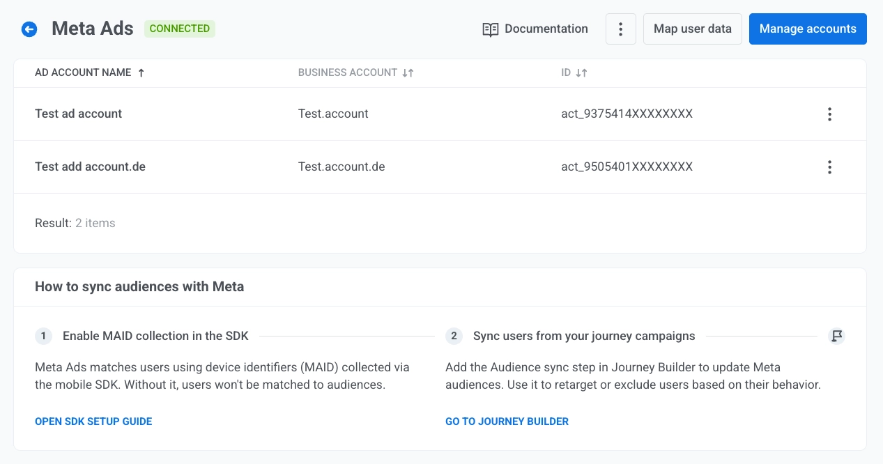 หน้า Meta Ads ของ Pushwoosh พร้อมป้าย Connected, ตารางบัญชีโฆษณาพร้อมคอลัมน์บัญชีธุรกิจ, การดำเนินการส่วนหัว และวิธีการซิงค์กลุ่มเป้าหมายกับ Meta