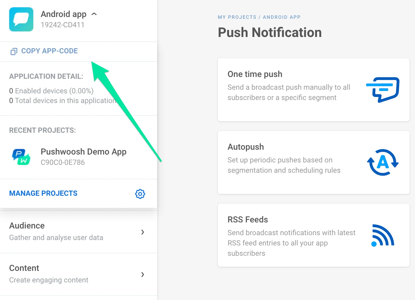 Pushwoosh प्रोजेक्ट सेटिंग्स में ऐप कोड खोजना