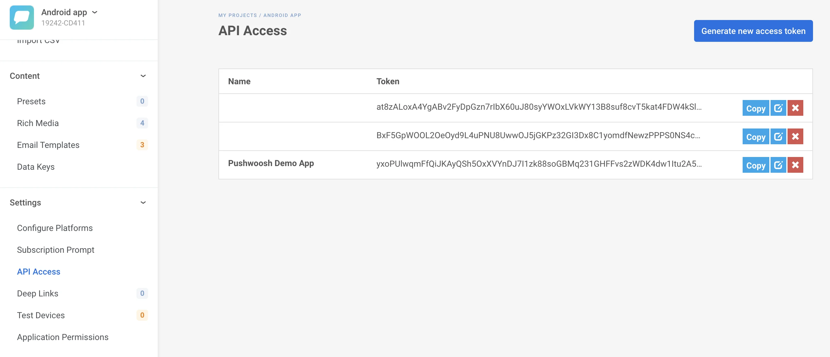 Pushwoosh सेटिंग्स से API ऑथ टोकन कॉपी करना