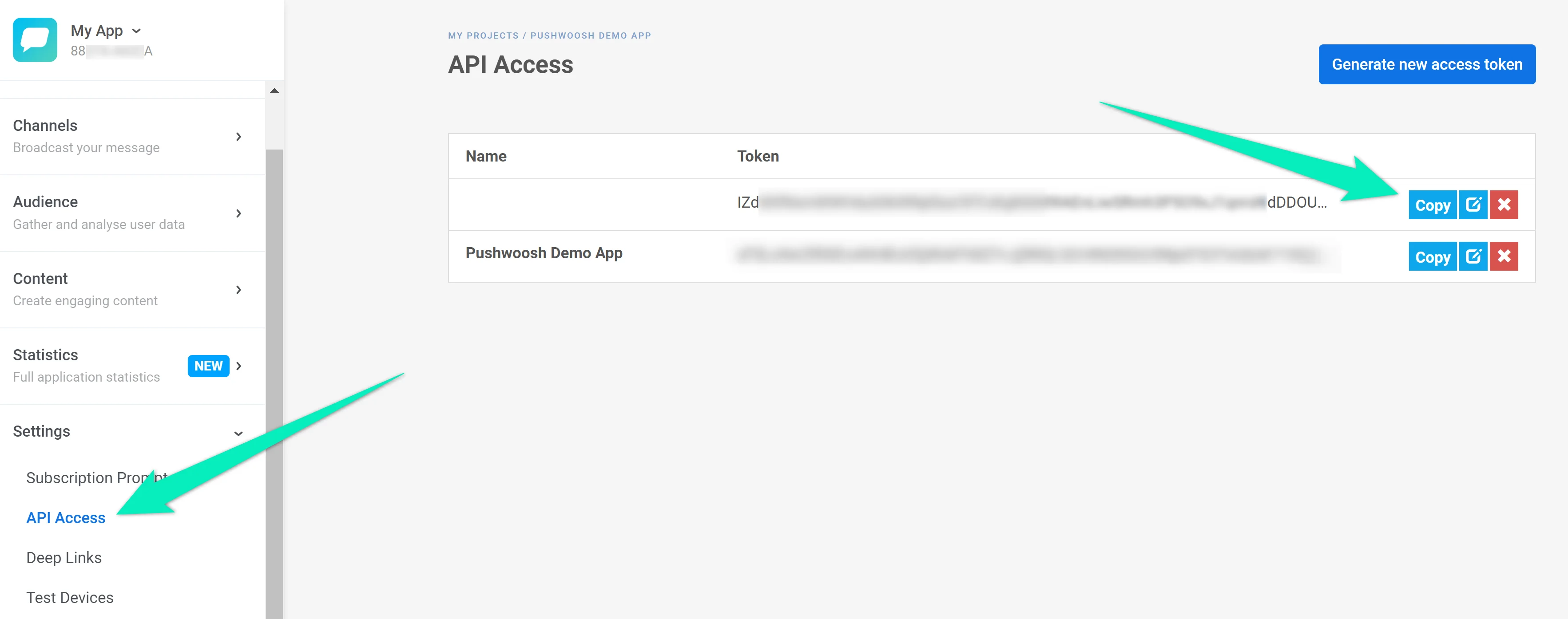 Pushwoosh सेटिंग्स में API एक्सेस सेक्शन