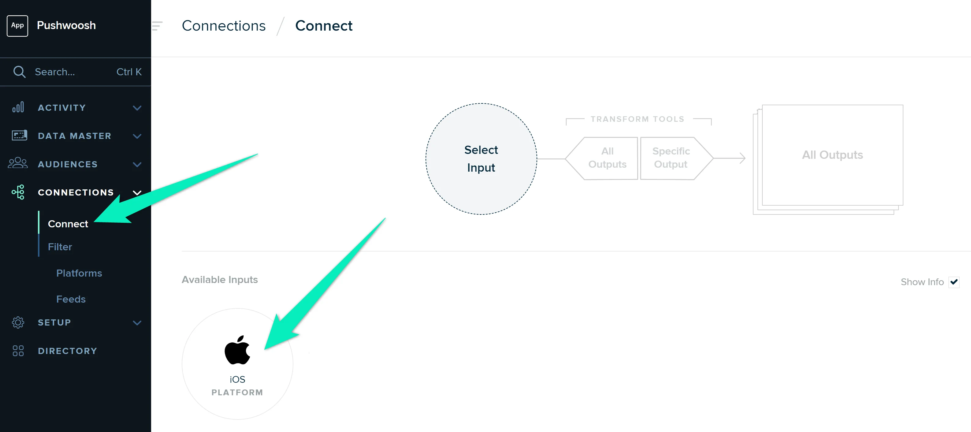 mParticle इंटरफ़ेस में कनेक्शंस सेक्शन