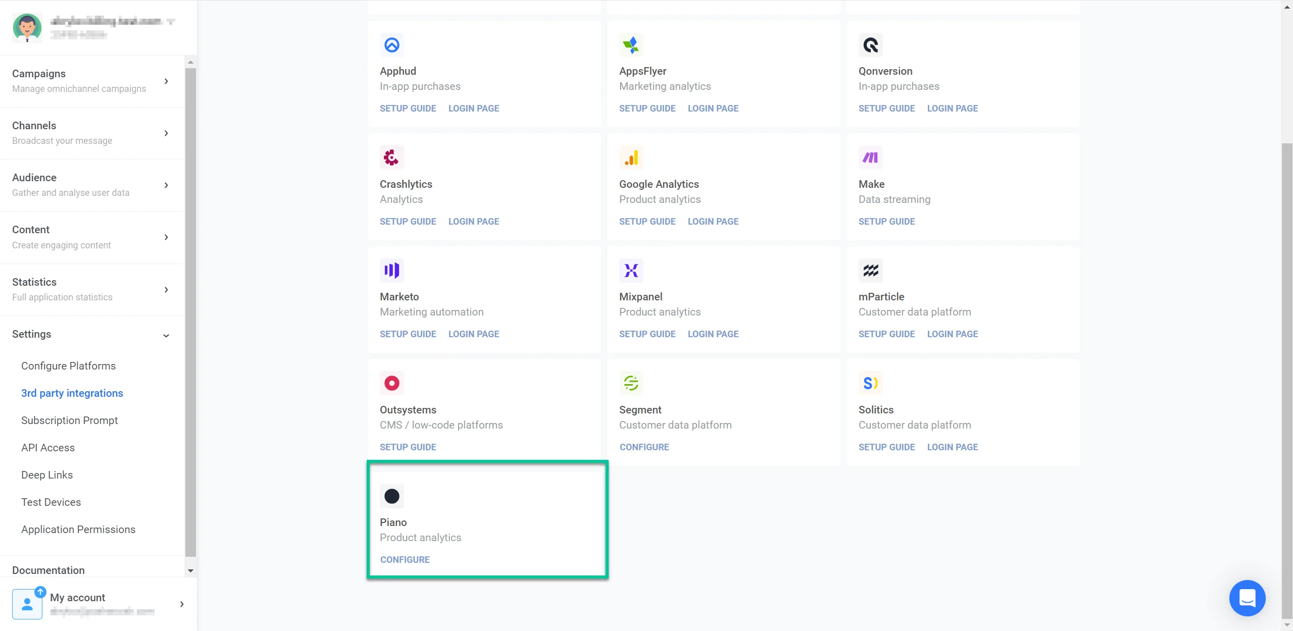 إعدادات تكامل Piano في Pushwoosh