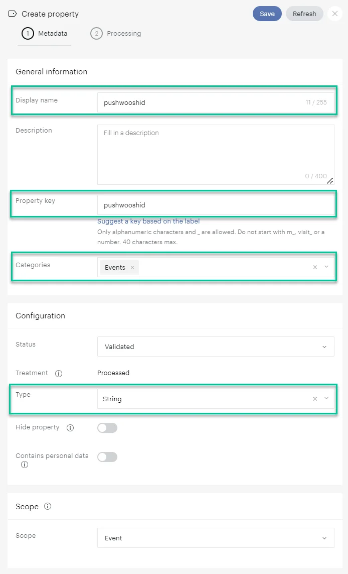 إنشاء خاصية لأحداث Pushwoosh في Piano