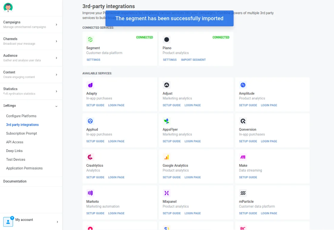 تم استيراد الشريحة من Piano إلى Pushwoosh