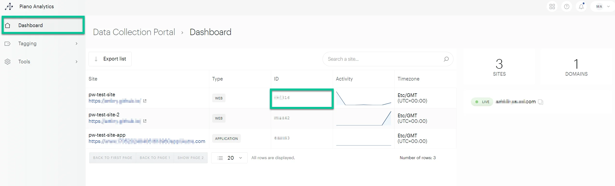 العثور على معرف الموقع في Piano Analytics