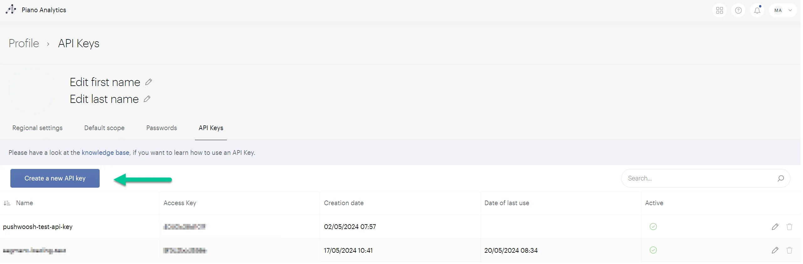 إنشاء مفتاح API في حساب Piano