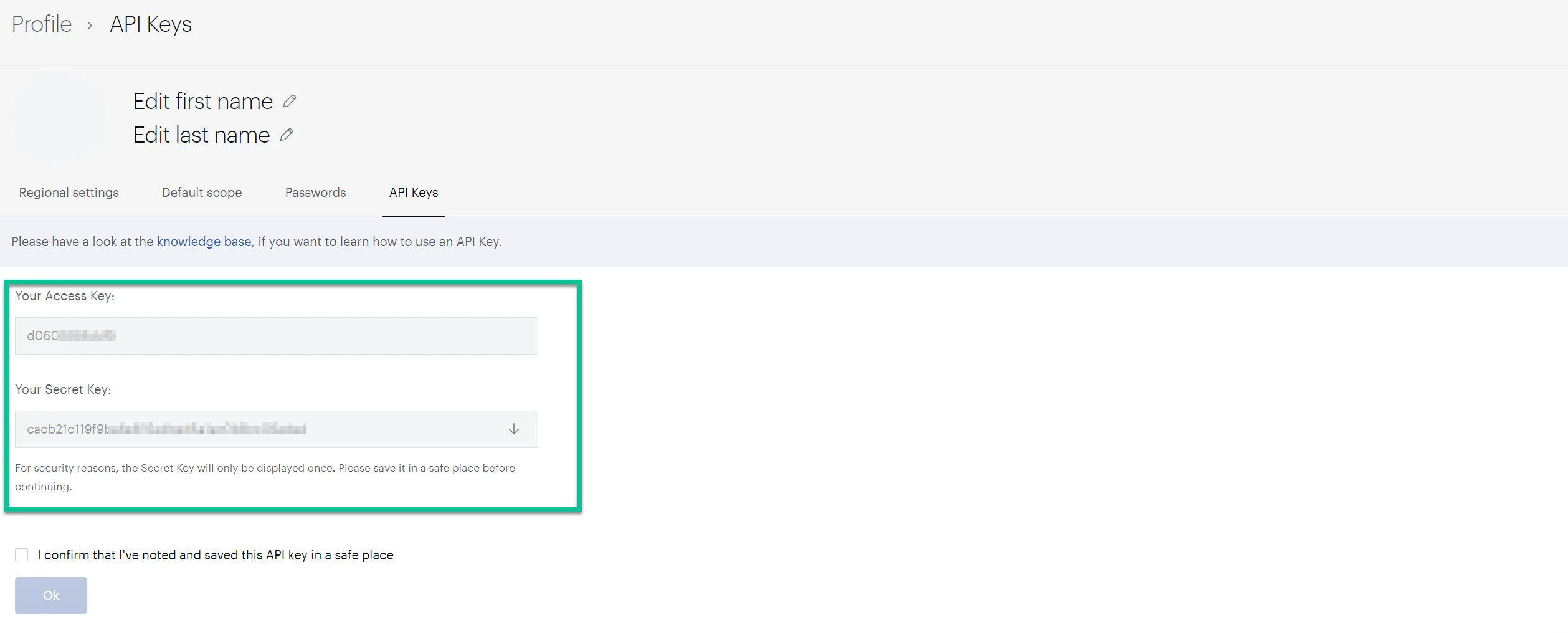 نسخ مفاتيح API من حساب Piano