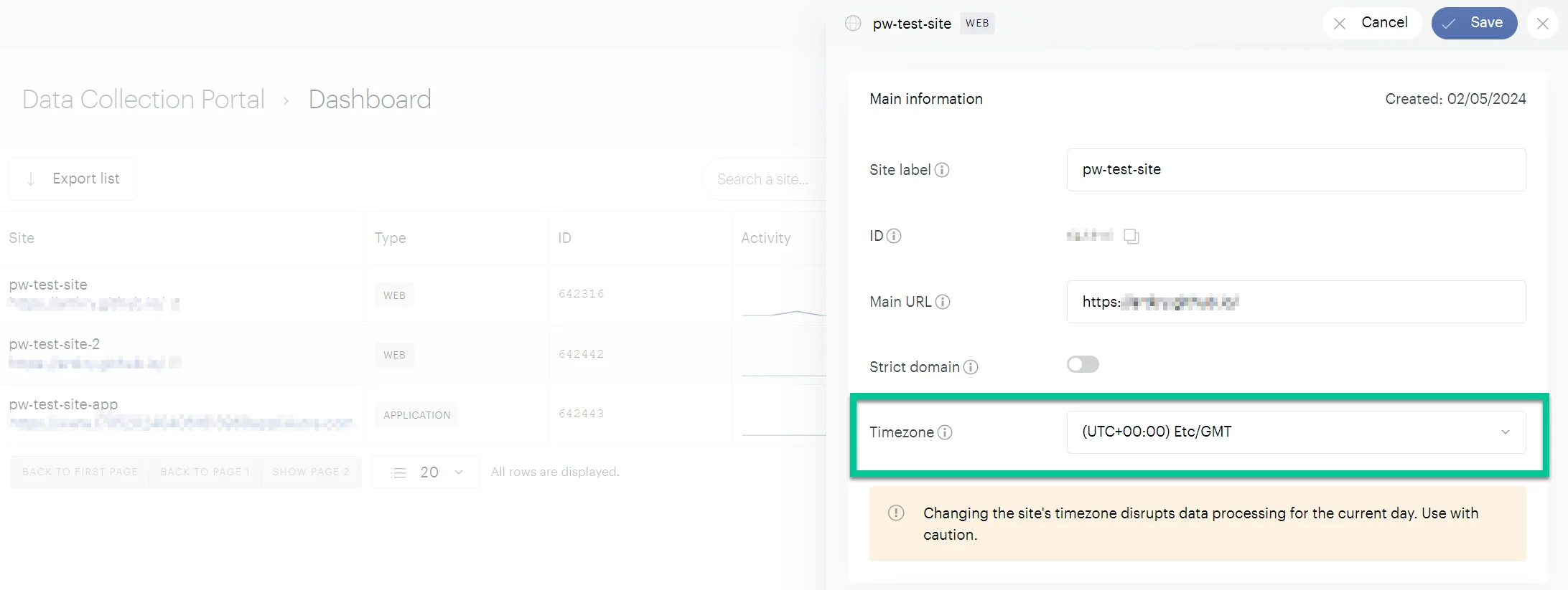 تعيين المنطقة الزمنية للموقع في Piano