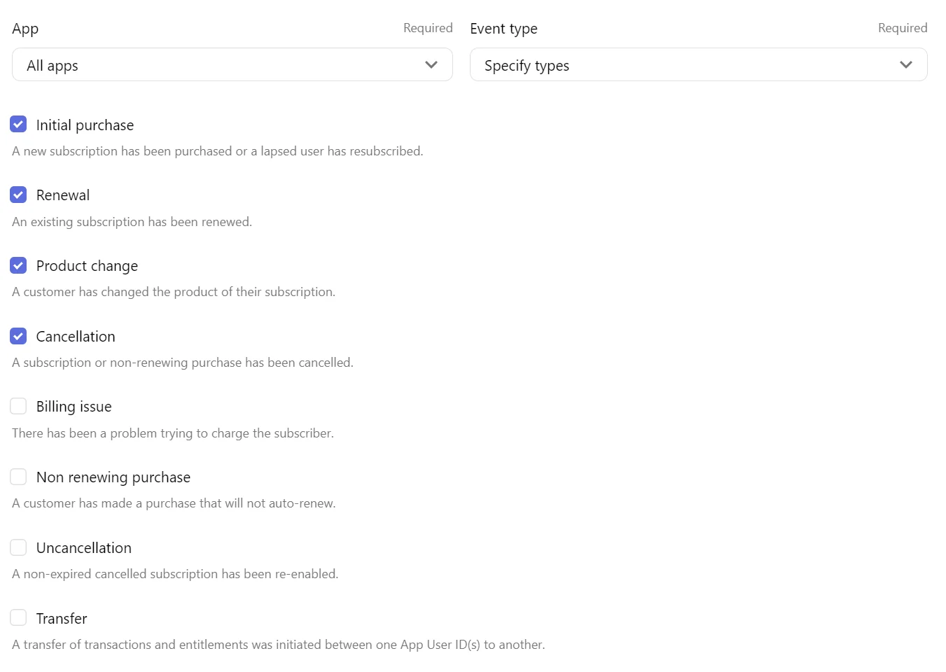 在 RevenueCat webhook 中配置事件类型