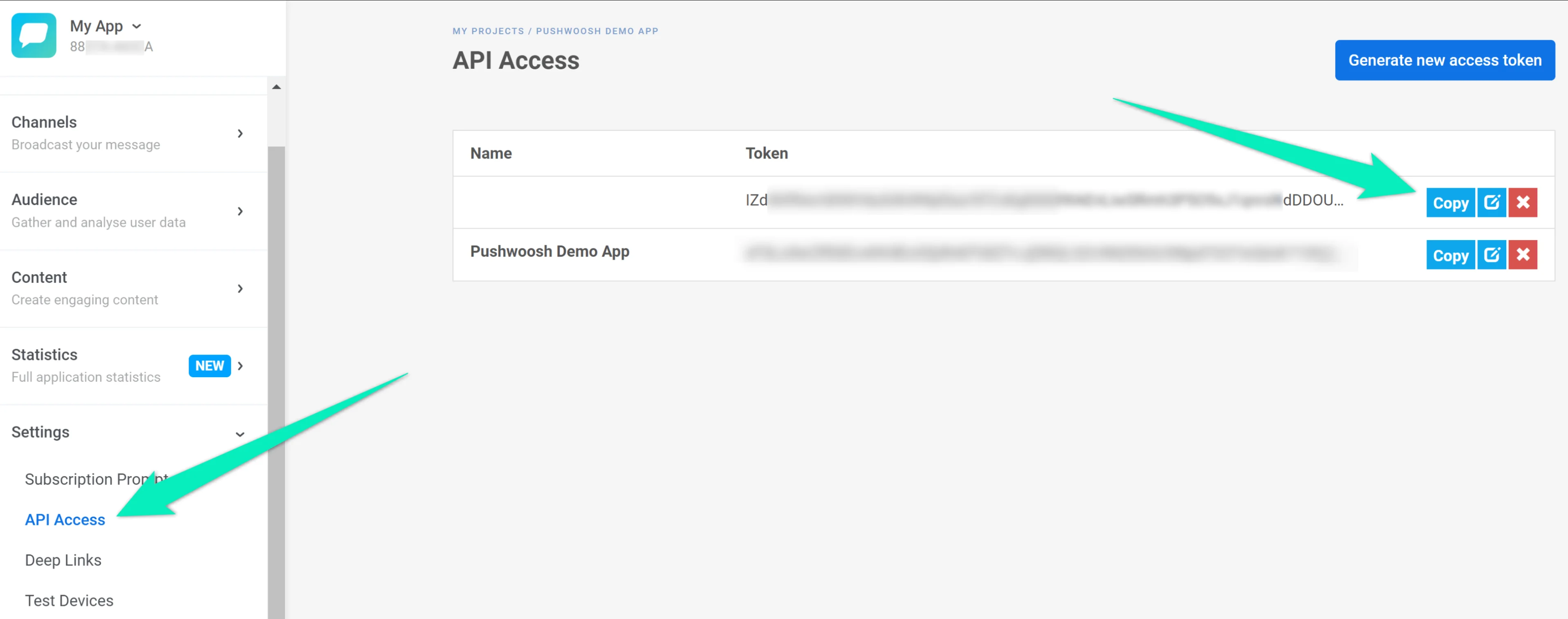 Pushwoosh सेटिंग्स में API एक्सेस सेक्शन