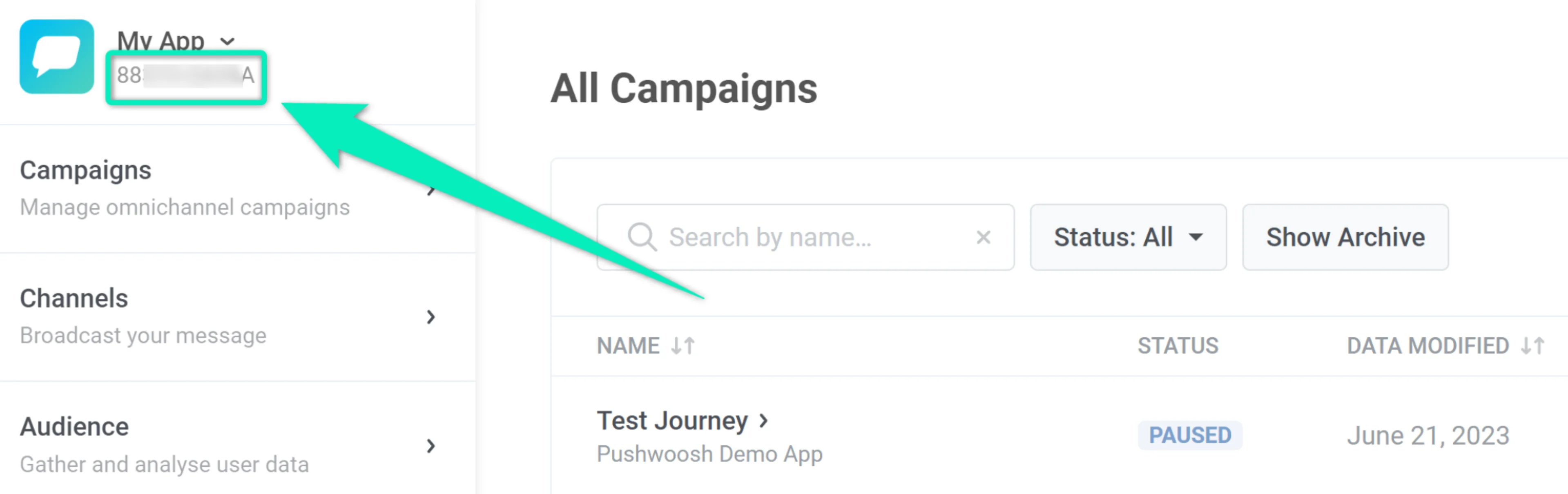 Pushwoosh इंटरफ़ेस में एप्लिकेशन कोड