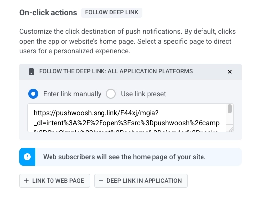 Push notification On-click actions with Singular tracking link entered as deep link in application