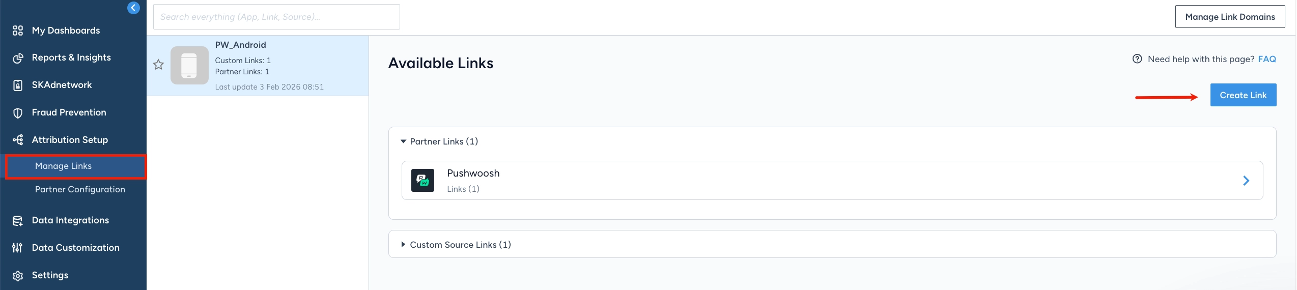 Singular Attribution Setup Manage Links page for creating a partner tracking link