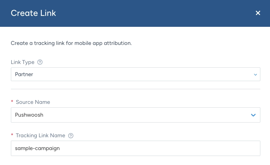 Singular partner link form with Pushwoosh source, Tracking Link Name field, and Generate button