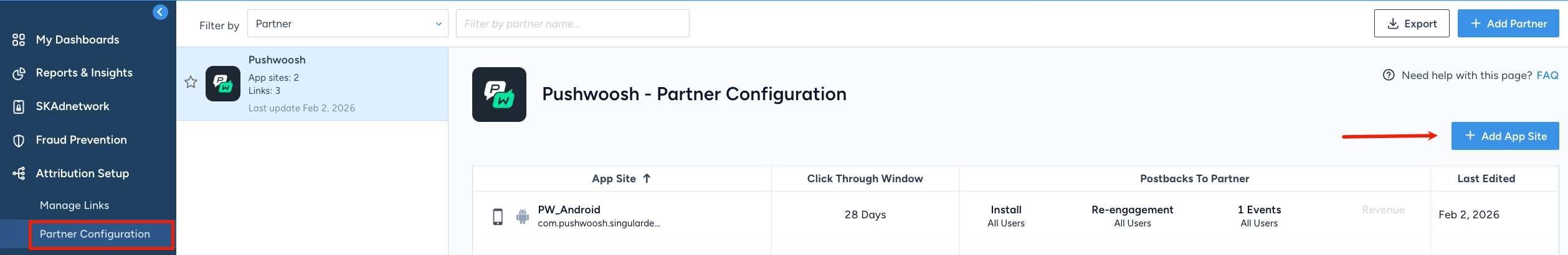 Singular Partner Configuration page for creating or editing a Pushwoosh postback configuration